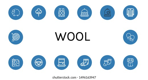 Set of wool icons such as Sheep, Textile, Sweater, Winter hat, Beanie, Fabric, Lamb, Handicrafts, Socks, Jumper, Yarn, Mittens , wool