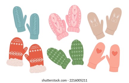 Set of wool knitted mittens. Cozy winter gloves. Vector flat illustration. Cute mittens. Winter clothes