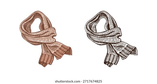 Set of wool scarves in hand drawn vintage style. Includes detailed color and monochrome version. Warm knitted winter accessory for seasonal design, packaging, fashion projects, and print materials.