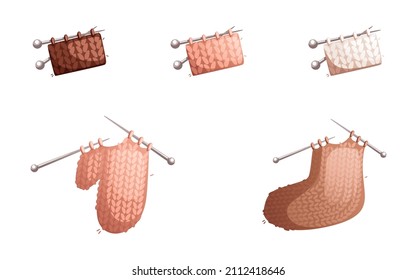 A set of wool socks, mittens in the knitting process. Detailed vector illustration.