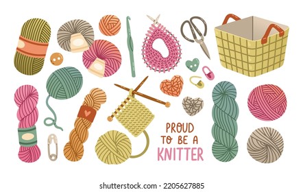 Set of wool yarn balls knitting flat design vector