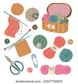 Set of wool yarn balls knitting flat design vector	