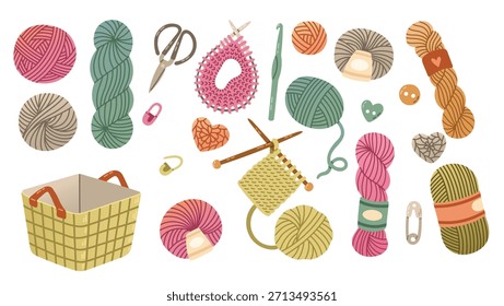 Satz von Wolle Garn Kugeln Stricken flachen Design Vektorgrafik