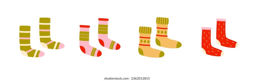 Set of woolen children's socks. Autumn and winter essentials. Cozy season. Vintage colors.