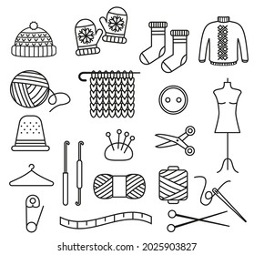 Set of woolen knitted clothes and knitting tools isolated on white background. Yarn buttons, hook and scissors, jumper, sock and mittens EPS 10