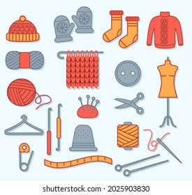 Set of woolen knitted clothes and knitting tools isolated on white background. Yarn buttons, hook and scissors, jumper, sock and mittens EPS 10