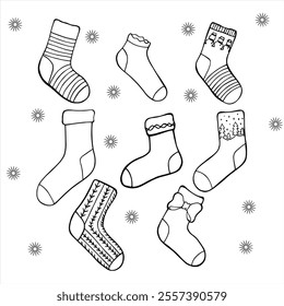 Set of woolen socks in a Christmas mood. Hand-drawn, converted to vector. Black and white socks will perfectly complement the coloring materials.