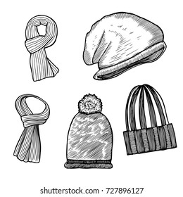 Set of woolen winter clothes, hats and scarves sketch style vector illustrations isolated on white background. Hand drawn woolen scarf, hat with a pompom, mittens and ear warmers