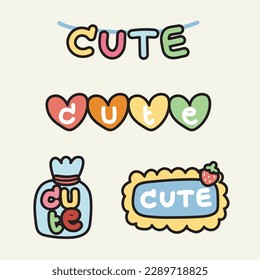 Set of word of cute text on paper.Cartoon hand drawn collection.Lovely meaning.Kawaii.Vector.Illustration.