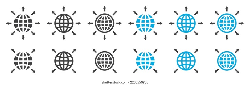 Set of word expansion icons. Globe with corner arrows, earth symbol. Worldwide icons, globe with arrow. Vector.