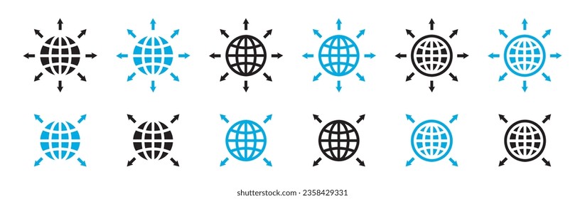 Conjunto de iconos de expansión de palabras. Globe con flechas de esquina, símbolo de tierra. Iconos mundiales, globo con flecha. Vector.