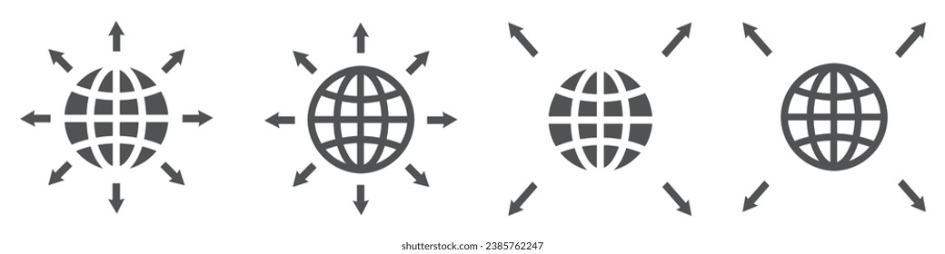 Satz von Symbolen für die Worterweiterung. Globe mit Eckpfeilen, Erdsymbol. Weltweite Symbole, Globus mit Pfeil. Vektorgrafik.