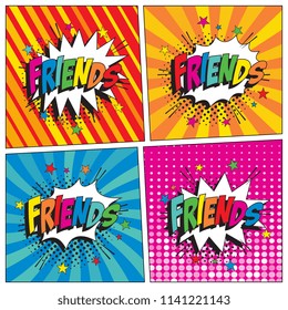 set of word friends in retro comic speech bubbles with halftone dotted shadow on colorful background