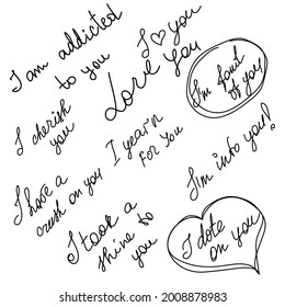 set of word LOVE original custom hand lettering, handmade calligraphy, design with elements of the flourish heart, Valentine and infinity