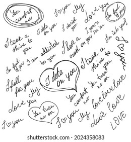 Satz des Wortes LOVE originale, handgemachte Schrift, handgemachte Kalligrafie, Design mit Elementen des blühenden Herzens, Valentine und Unendlichkeit