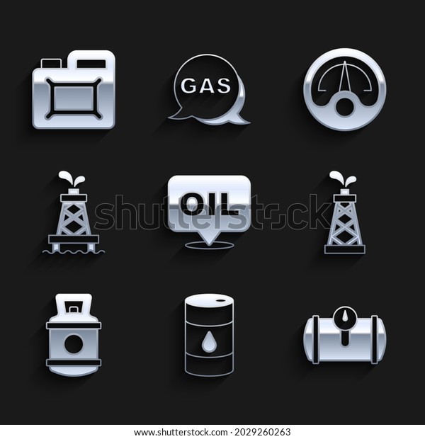 Set Word oil,\
Barrel, Gas tank for vehicle, Oil rig, Propane gas, Motor gauge and\
Canister motor icon.\
Vector