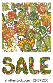 Set: word sale and seamless pattern with doodle flowers. Hand-drawn letters with a floral pattern and cosmetics: perfume, powder, mascara, eye shadow, blush.