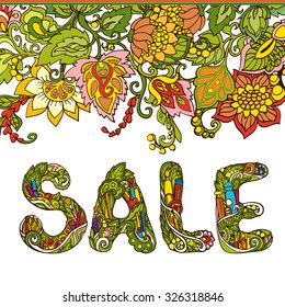Set: word sale and seamless pattern with doodle flowers. Hand-drawn letters with a floral pattern and cosmetics: perfume, powder, mascara, eye shadow, blush.