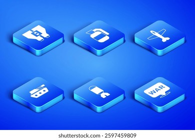 Set The word war, Binoculars, Rocket launcher, Military tank, Hand grenade and Plane icon. Vector