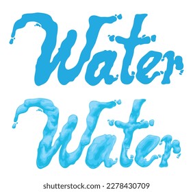 Set with the word Water with liquid effect and drops, one in flat silhouette and the other in cartoon style over white background.