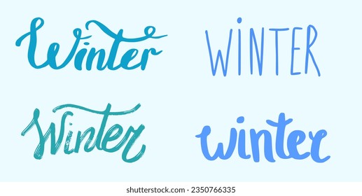 Juego de palabras invierno, letras de invierno aisladas en fondo azul
