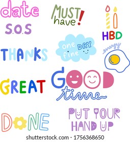 set of wording for user of  bullet journal or daily planner diary decoration. Simple cute and colorful line vector and minimal icons flat style Character illustration.
