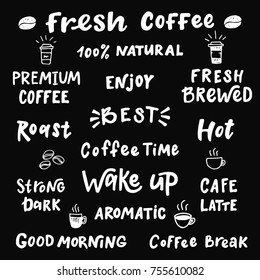 Set of words about coffee.Hand drawn illustration with hand lettering. 