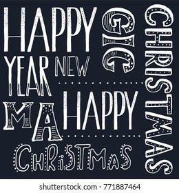 A set of words: christmas, happy, magiÃ±, new, year.Hand lettering card vector.
