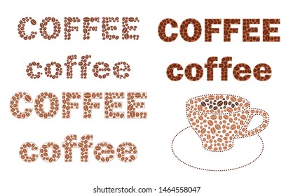 set of words coffee with brown grains and cup - vector