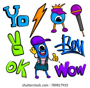 Set of words drawing in graffiti style, comics cartoon character, smiling fantastic hipster boy. Words wow, ok, yo. Lightning, microphone, hand sign victory.
