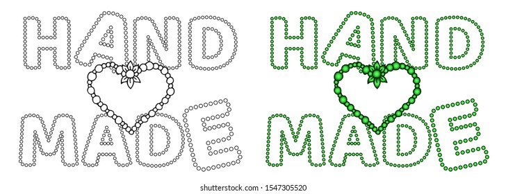 Set of words "hand made" with hand drawn cartoon heart with flower and pearls or beads. Isolated decorative typographic vector illustration in doodle style