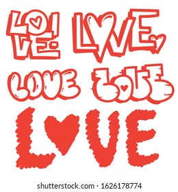 set of words love in different styles, love stickers for February 14, Valentine's day or vedding