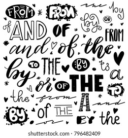 set of the words "or", "and", "for", "by" A set of words with different types of handwritten fonts. Lettering.