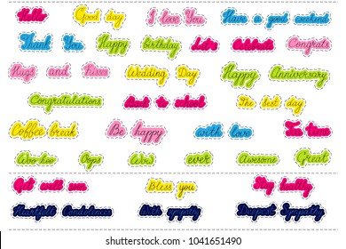 Set of words, quotes, phrase for all event and occasion. Pop art colorful stickers. Constructor or creator for cute clip art. Handwritten and hand writing childish signature.