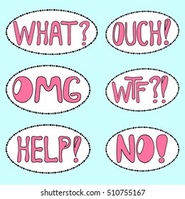 A set of words for social networking. Set of words in the bubble. Cartoon style. Youth slang. Emotion word sticker. Hand drawing messenger sticker. Vector illustration messenger sticker.