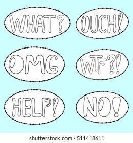 A set of words for social networking. Set of words in the bubble. Cartoon style. Youth slang. Emotion word sticker. Hand drawing messenger sticker. Vector illustration messenger sticker.
