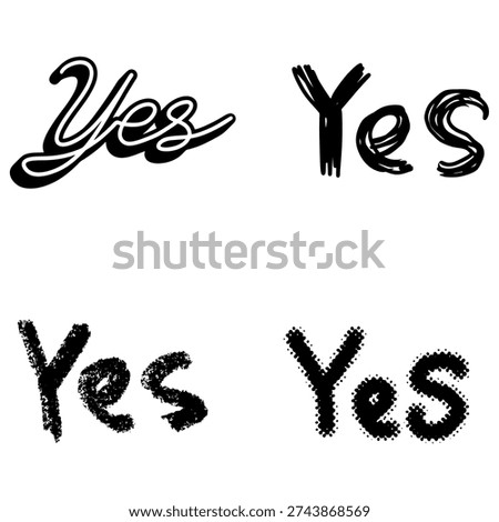 Set words yes vector for positive social media graphics. Ideal for symbolizing cheerful agreement, optimistic communication, and welcoming text expressions.