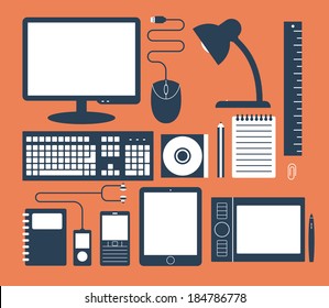 set of work desk related stuff flat icon