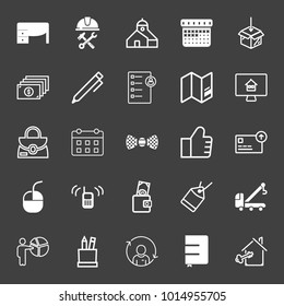 set of work desk, repair, building, calendar, box, cash dollar, pen, checklist, calendar, bag, bow tie, crane, mouse, wallet, presentation, update profile, bookmark, house  vector icon