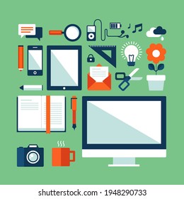 Set of work equipment in a flat design style. Computer, camera, a cup of coffee, note, pen, scissor, envelope, tablet, phone, handphone, magnifying glass, idea lamp, flower, music player, rules.