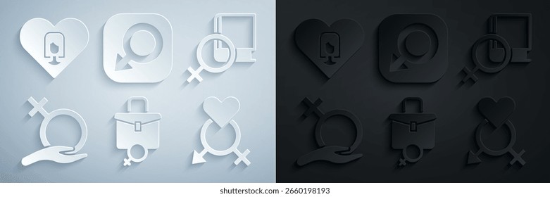 Conjunto de trabajo para mujeres, libro sobre mujeres, género femenino, género, hombre y corazón con icono. Vector
