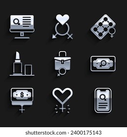 Set Work for female, Feminism, Dating app, Money growth woman, Lipstick, Packaging of birth control pills and  icon. Vector
