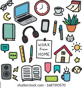 set of work from home cute cartoon doodle design icons