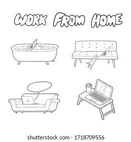 set of work from home doodle in various pose isolated on white background