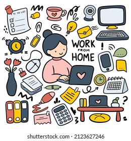 Set of Work from Home Doodle Vector Illustration