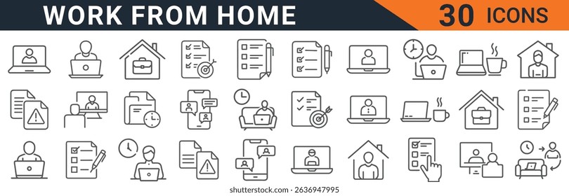 a set of work from home icons in vector format. these icons represent remote work, freelance jobs, and online meetings. they are designed in an outline style with editable stroke. great for web design