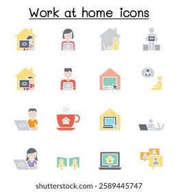 Set of Work at home line . contains such  as, business people, video conference, online meeting, business people, freelance, stay home campaign and more.