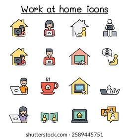 Set of Work at home line . contains such  as, business people, video conference, online meeting, business people, freelance, stay home campaign and more.