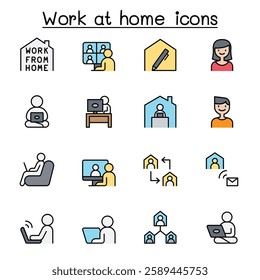 Set of Work at home line . contains such  as, business people, video conference, online meeting, business people, freelance, stay home campaign and more.