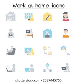 Set of Work at home line . contains such  as, business people, video conference, online meeting, business people, freelance, stay home campaign and more.